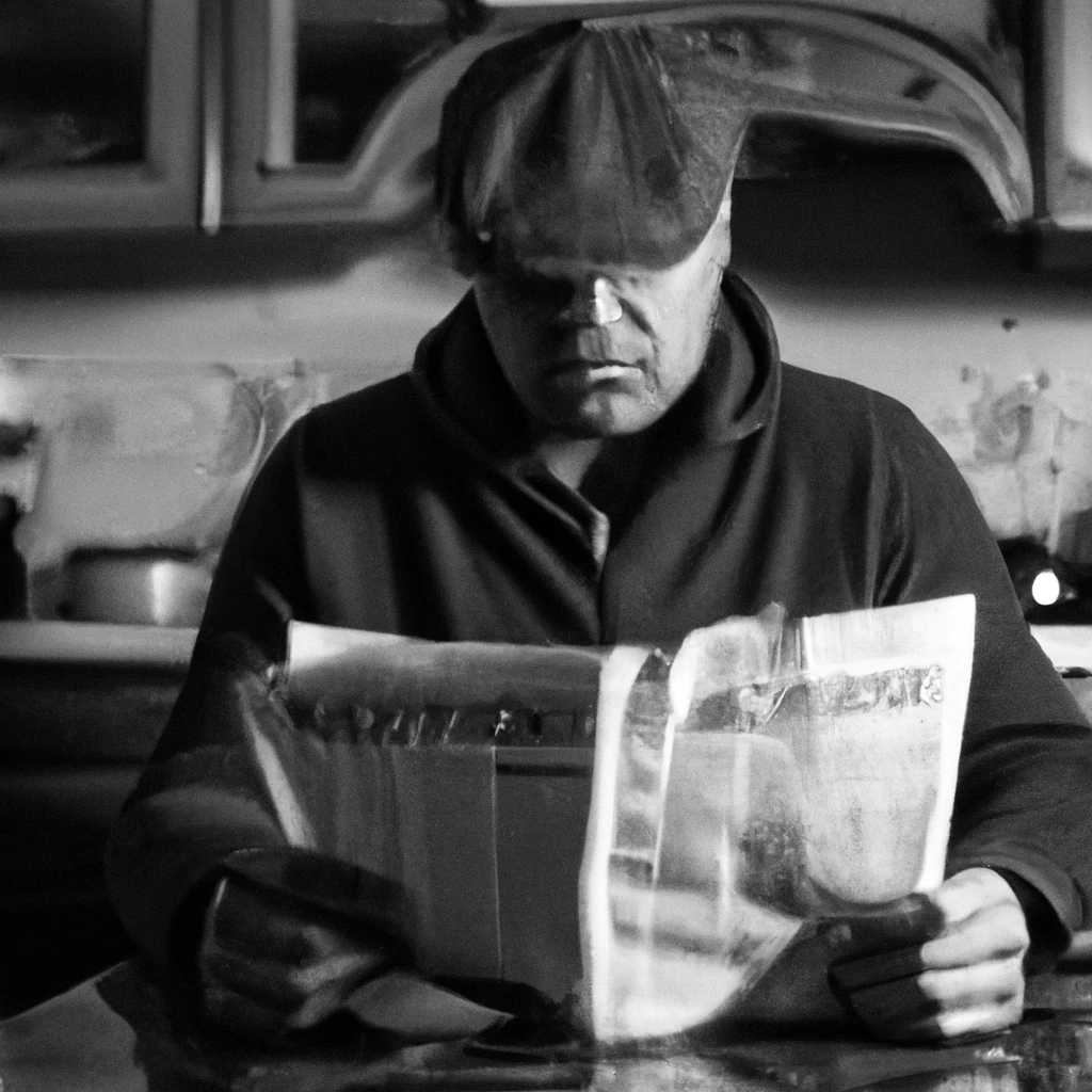 A man in a Gatsby hat reading the newspaper at the kitchen table
