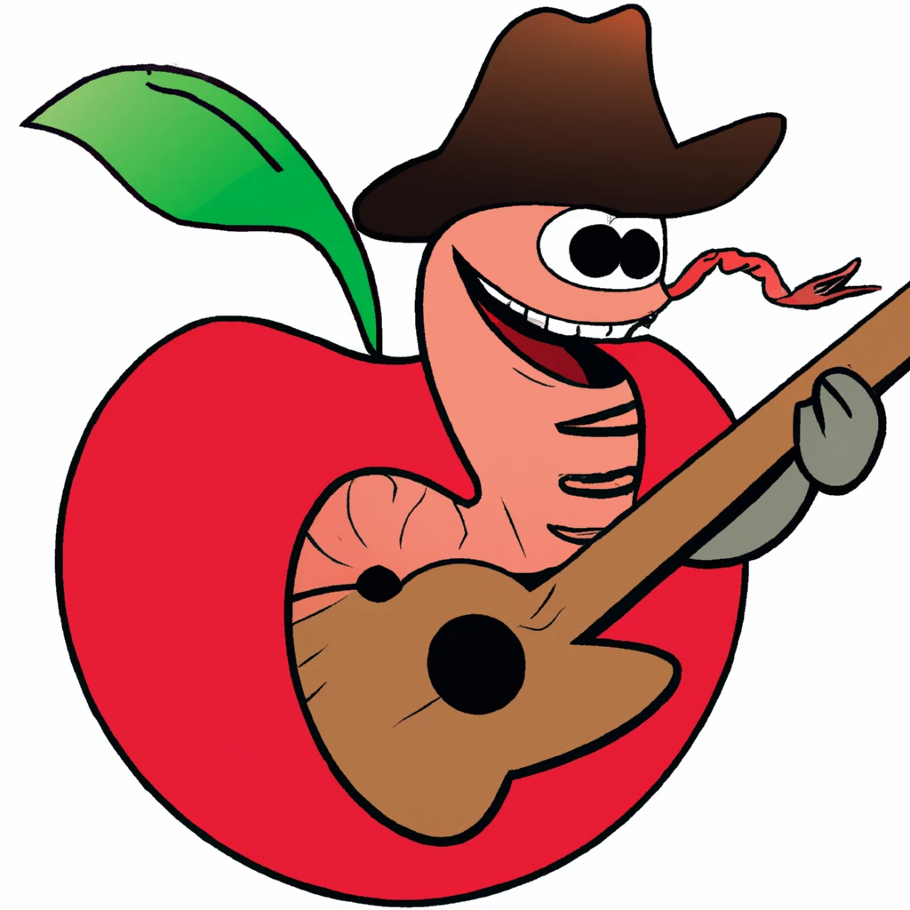 A worm coming out of an apple playing a guitar and smiling