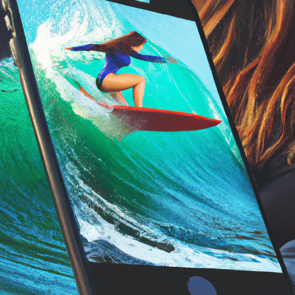 An impressionist representation of a woman on a surfboard, displayed on a tablet, and behind the tablet is water on the left and fire on the right.