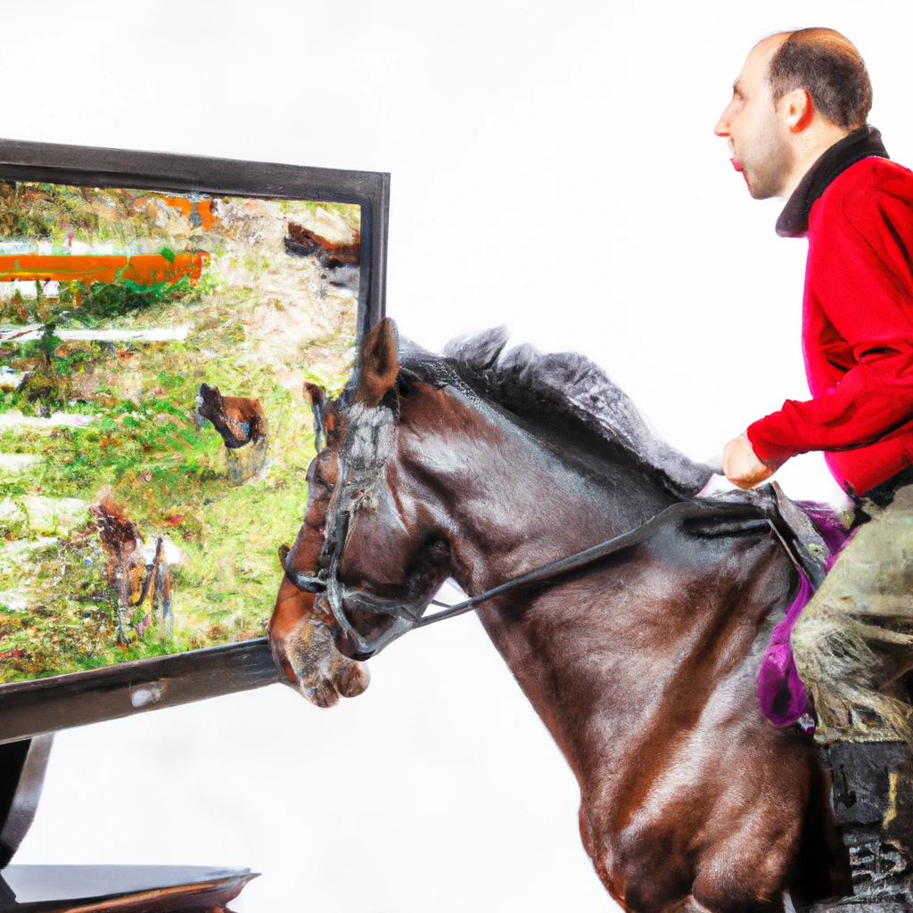 A Man on the Horse and the horse has its face right on the screen of a desktop