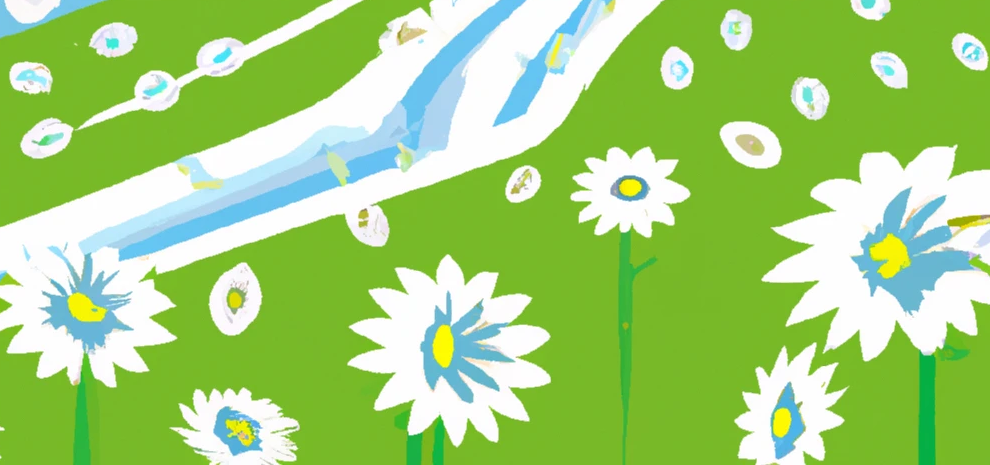 A Closeup of a playful painting of flowers on a green hill with a stream flowing by