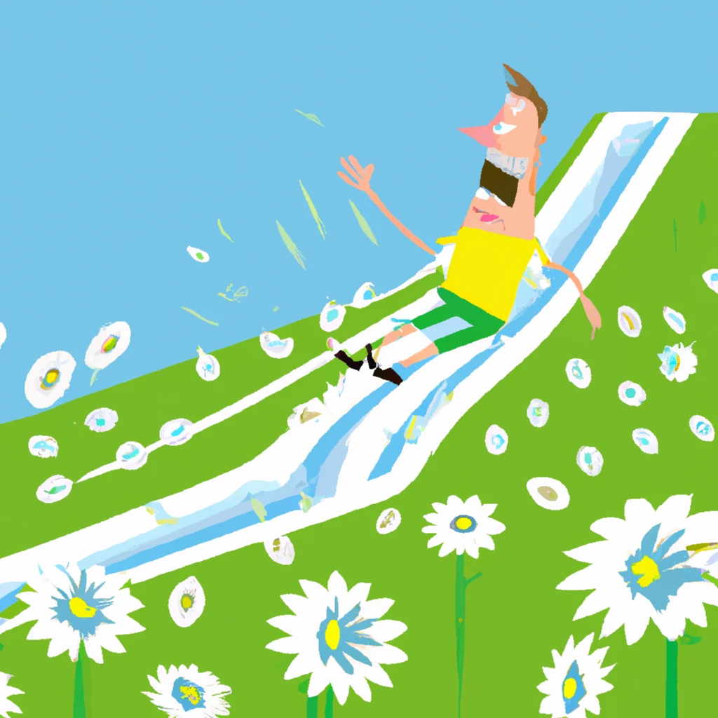 A man sliding down a waterslide in a meadow (playful painting)