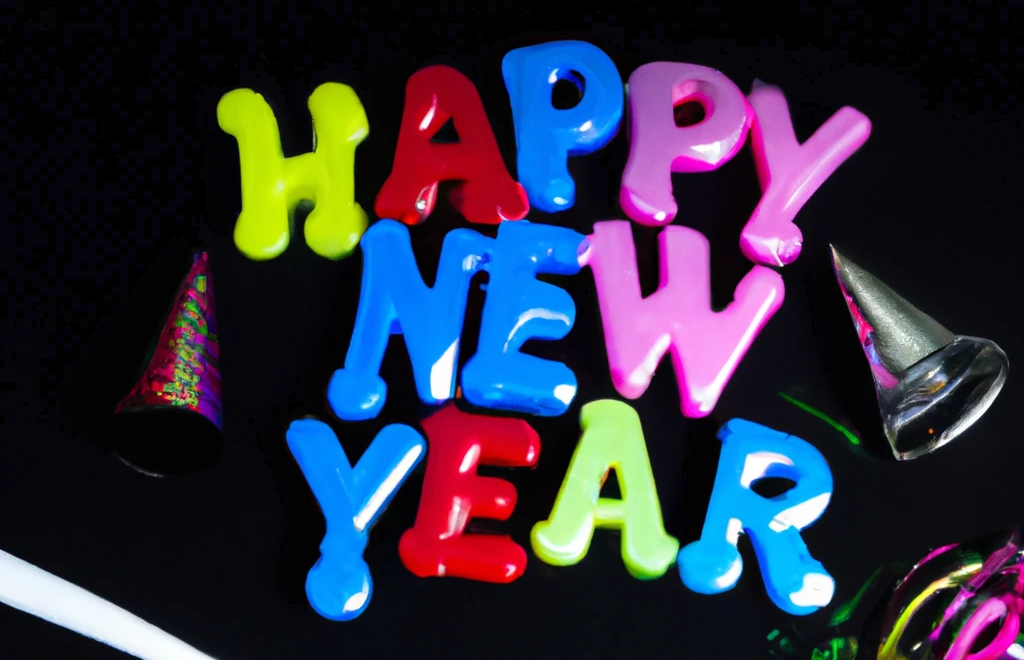 Happy new year in playful, colorful letters with party favors strown about, framed closely to the words