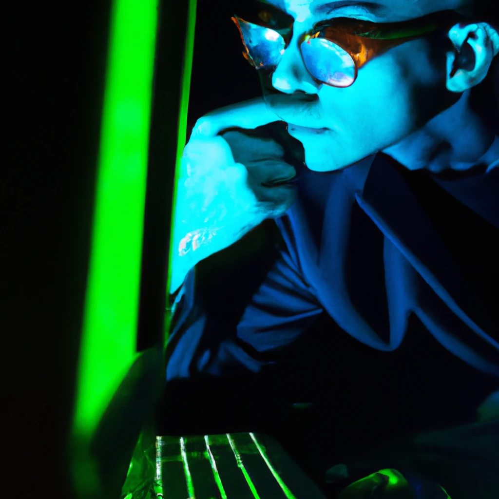 A man with cyber punk glasses starting at a computer. The light of the computer illuminates his face in a dark room