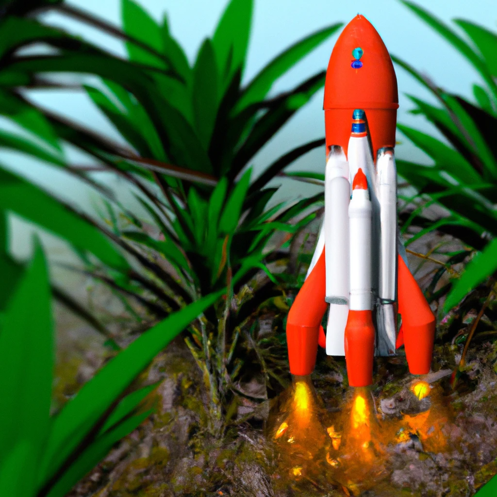 A rocket ship lifting off from a garden. 