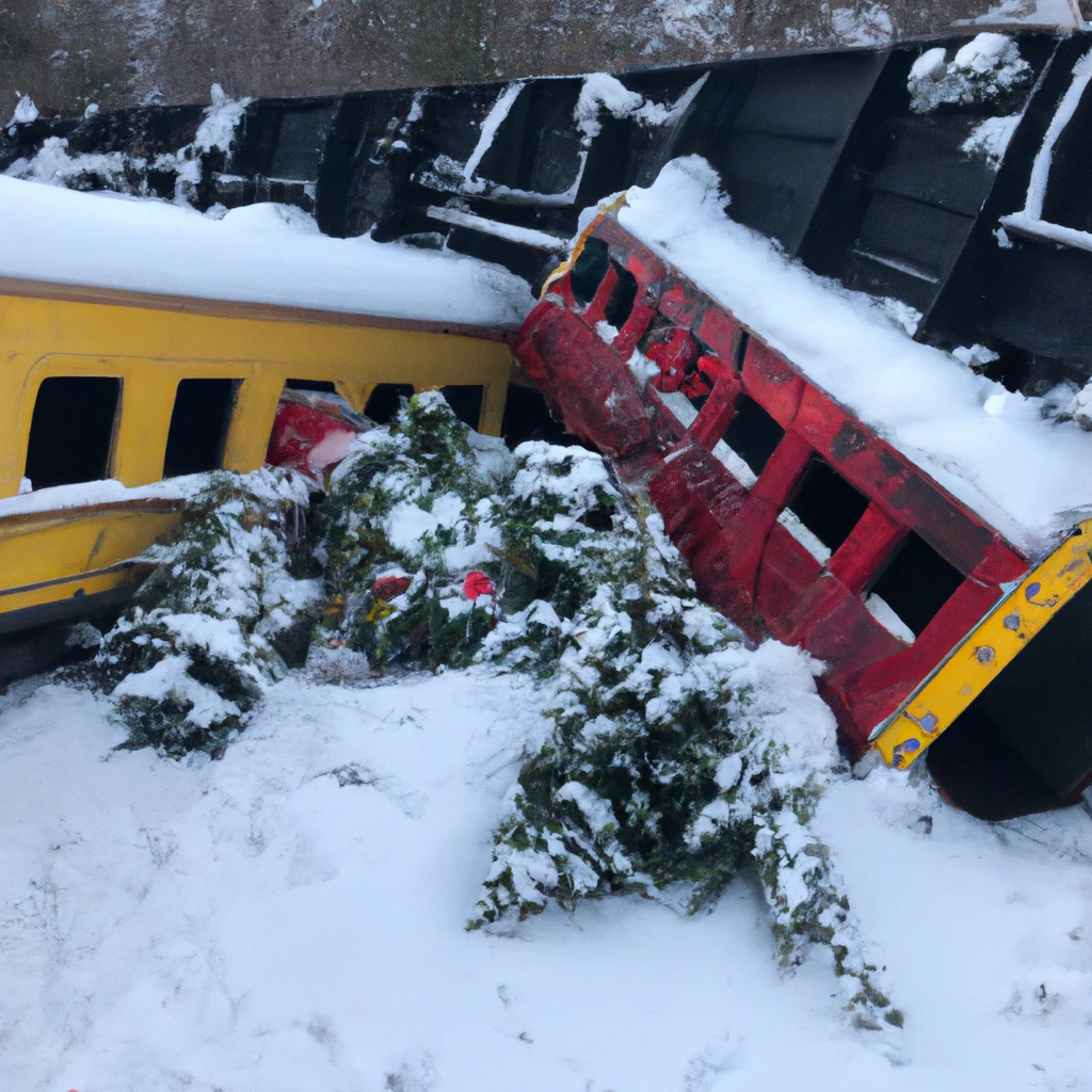A derailed train in the snow with Christmas trees coming out of it