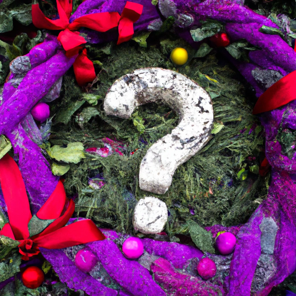 A white question mark inside of a purple wreath laying on the ground