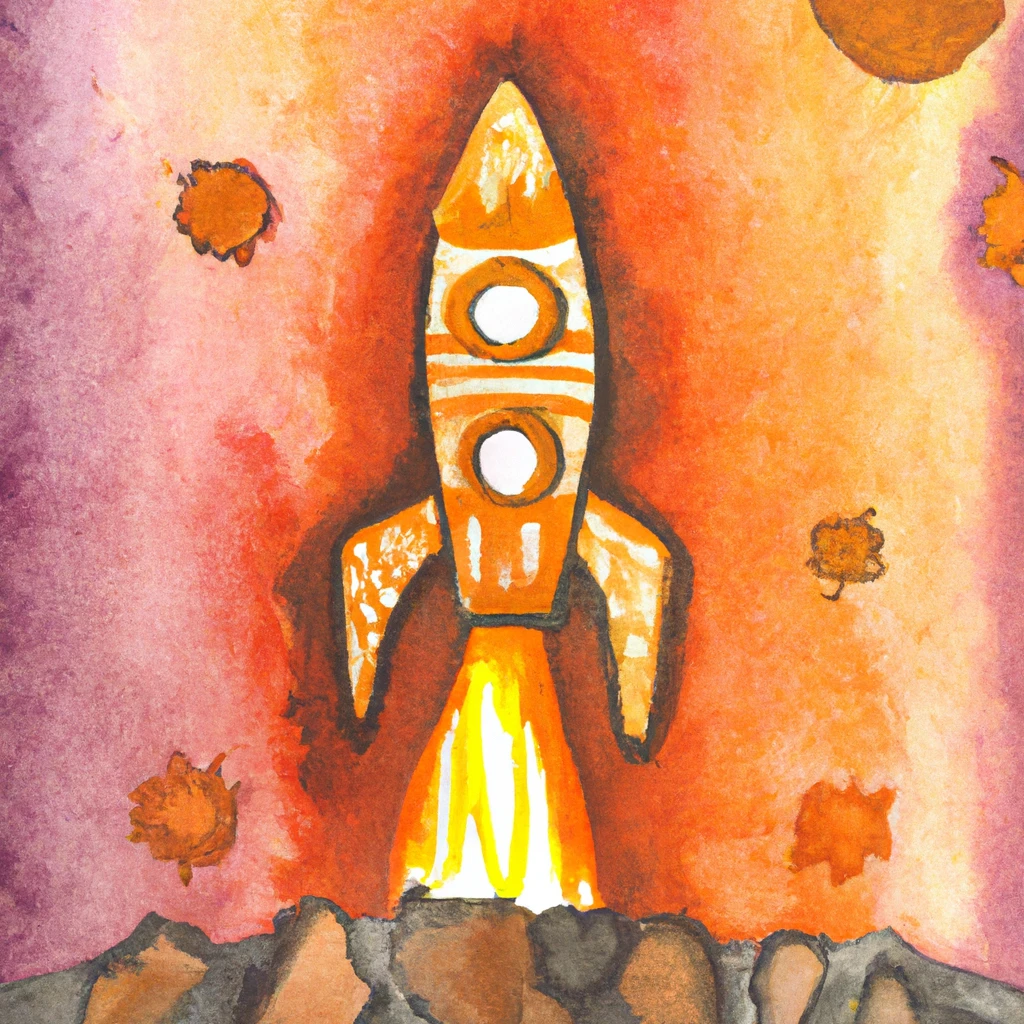 A rocket ship taking off from an asteroid, in orange watercolors.