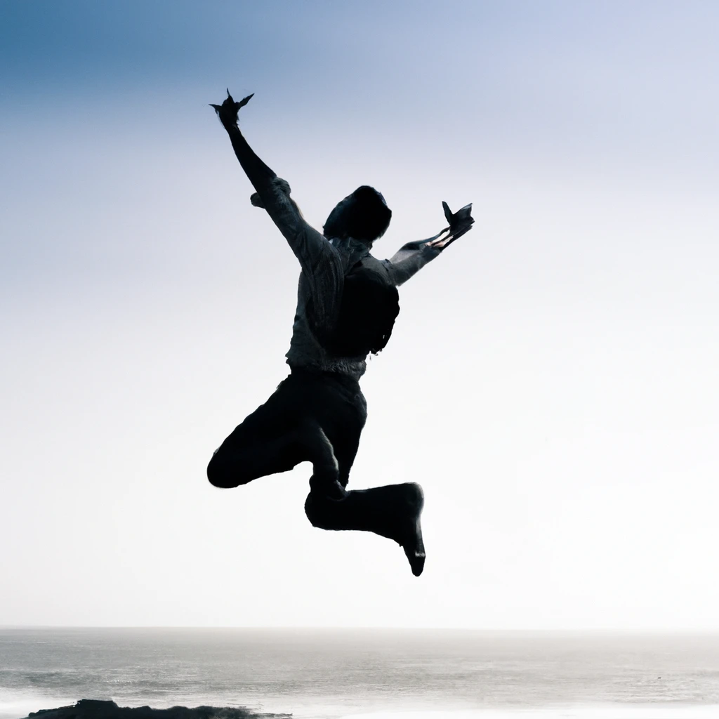 A man jumping for joy on the beach, after achieving his dreams