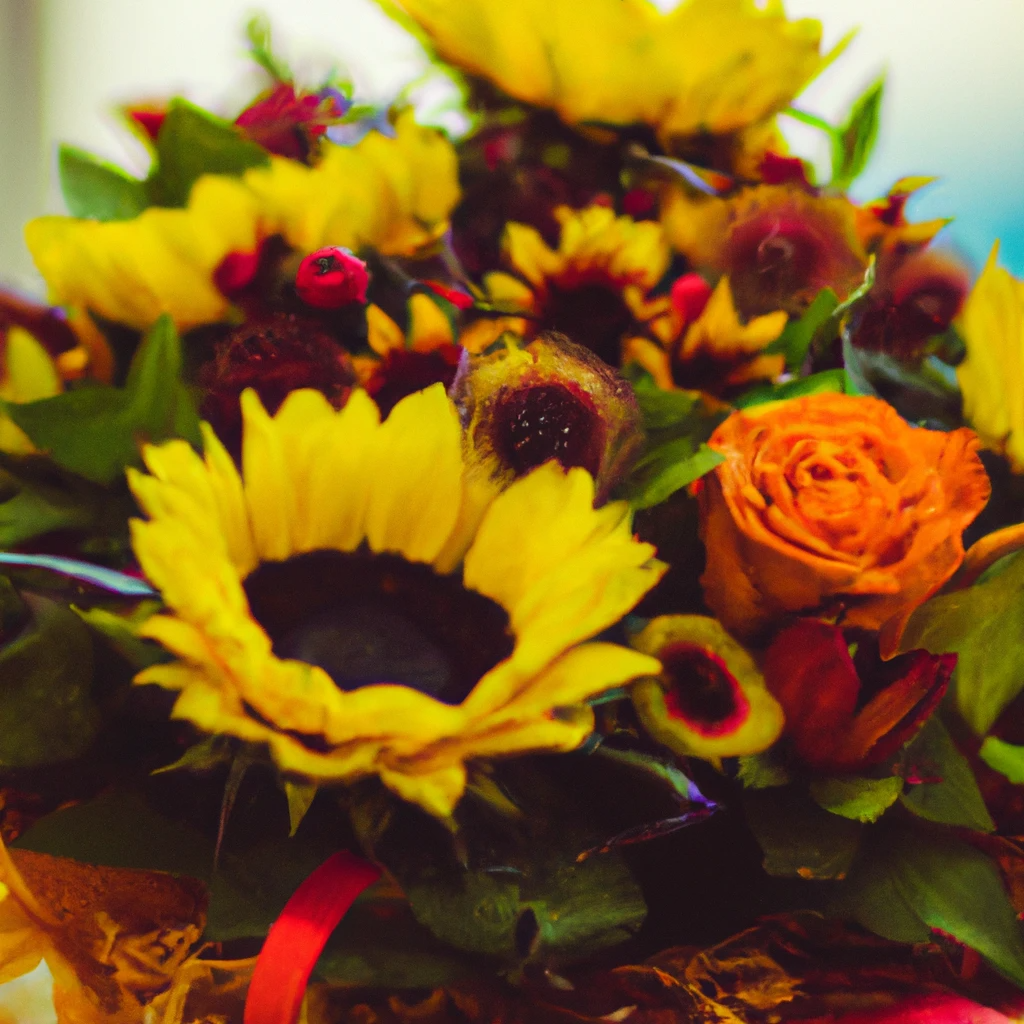 A bouquet of flowers with daisies and orange roses